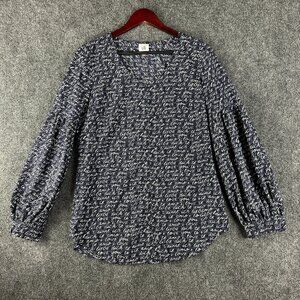 CAbi Top Womens Small Te Amo Blouse Blue Purple Print V Neck Long Flare Sleeve